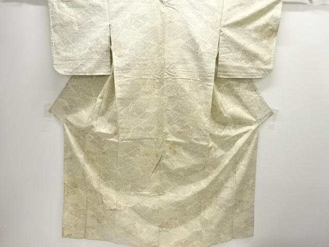 アンティーク　幾何学に花模様織り出し手織り紬単衣着物